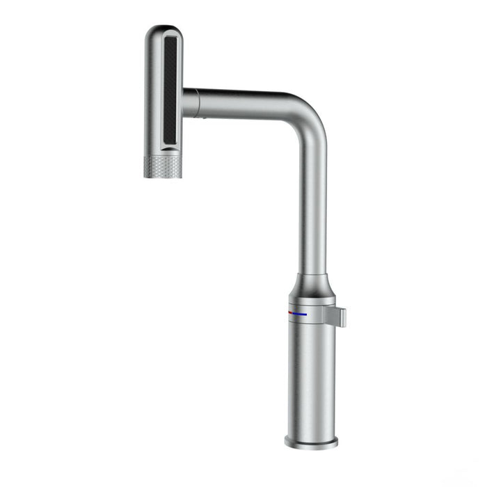 Stainless steel kitchen faucet on a white background