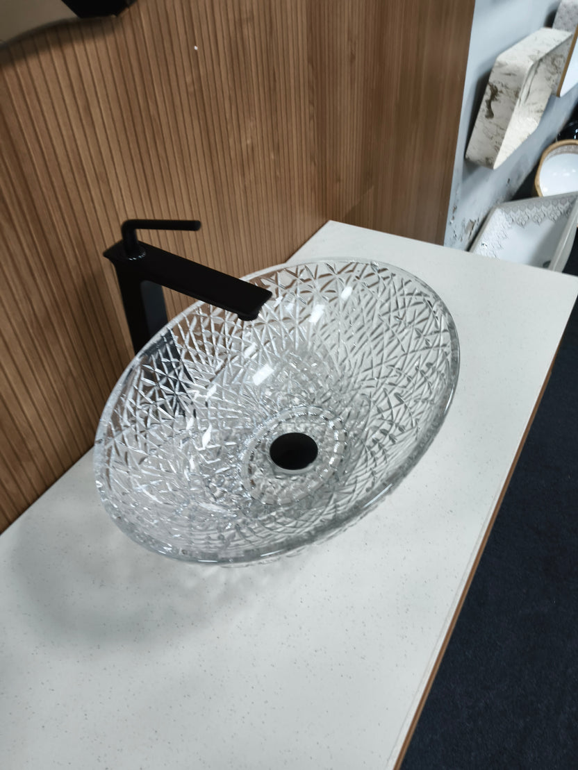 Clear Textured Glass Table Top Wash Basin – 20 × 14 × 6 mm Oval ...