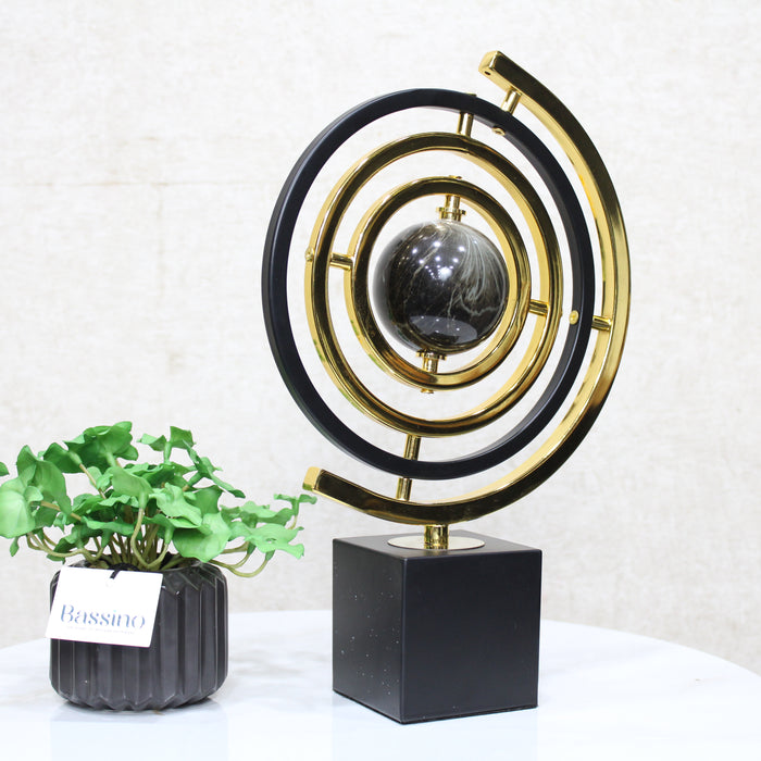 Modern Abstract Metal Globe Sculpture – Decorative Sculpture with Rectangular Base in Black and Gold Minimalist for Office Entryway 22X8X34