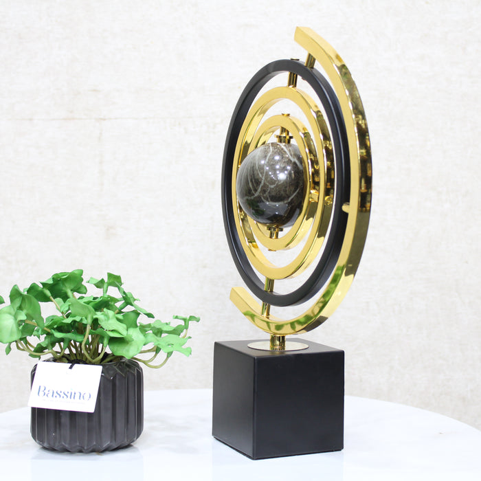 Modern Abstract Metal Globe Sculpture – Decorative Sculpture with Rectangular Base in Black and Gold Minimalist for Office Entryway 22X8X34