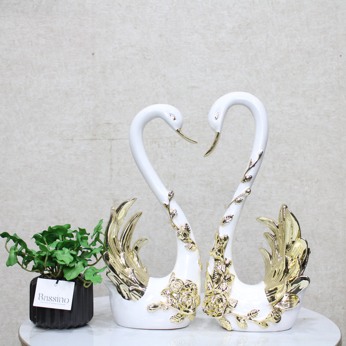 Swan Pair Showpiece | Duck Showpiece for Home, Living Room, Bedroom or Office Decorative Showpiece Gift Item | Marble, White and Gold (Set of 2) (BSP-8162) L 33 W 12 H 34 CM