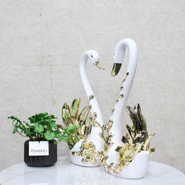 Swan Pair Showpiece | Duck Showpiece for Home, Living Room, Bedroom or Office Decorative Showpiece Gift Item | Marble, White and Gold (Set of 2) (BSP-8162) L 33 W 12 H 34 CM