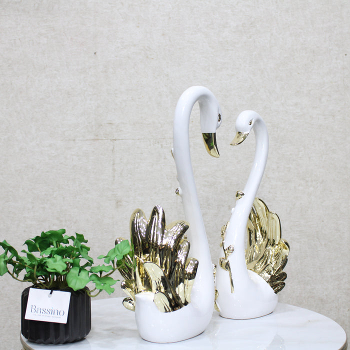 Swan Pair Showpiece | Duck Showpiece for Home, Living Room, Bedroom or Office Decorative Showpiece Gift Item | Marble, White and Gold (Set of 2) (BSP-8162) L 33 W 12 H 34 CM