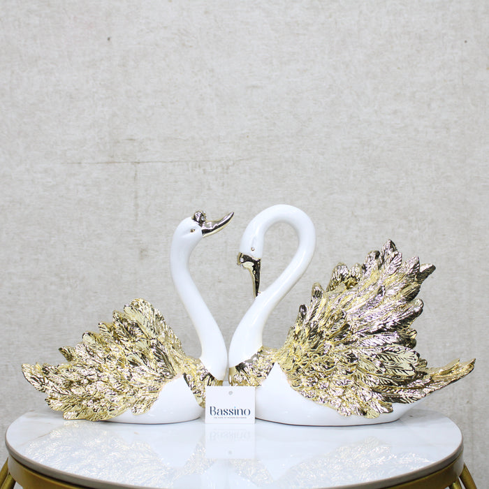 Swan Pair Showpiece | Duck Showpiece for Home, Living Room, Bedroom or Office Decorative Showpiece Gift Item | Marble, White and Gold (Set of 2) (BSP-8166) L 33 W 12 H 34 CM