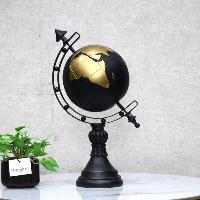 Contemporary World Globle Sculpture Black Base with Gold Detailing – Geographical Art for Modern Interiors 15 Inch (BSP-8064)