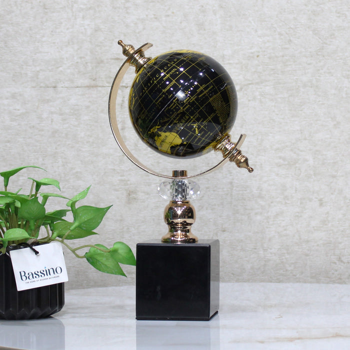Elegant Black & Gold Decorative World Globe with Rotating Axis – Modern Tabletop Decor – Geographical Art for Modern Interiors