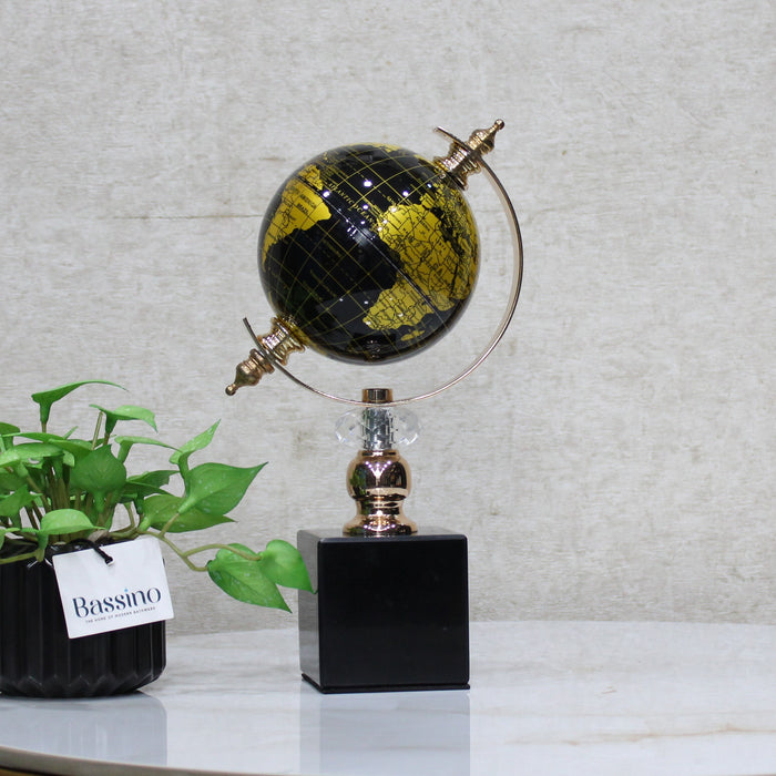 Elegant Black & Gold Decorative World Globe with Rotating Axis – Modern Tabletop Decor – Geographical Art for Modern Interiors