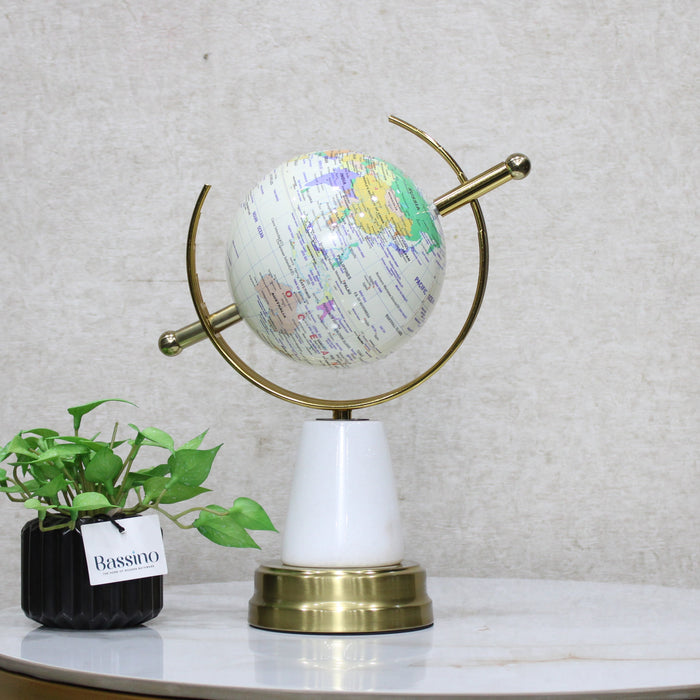 Elegant White & Gold Decorative World Globe with Rotating Axis, Modern Tabletop Decor - Geographical Art for Modern Interiors 13 Inch (BSP-8135)
