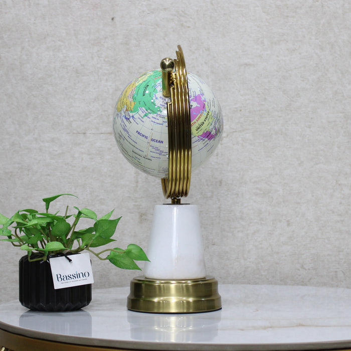 Elegant White & Gold Decorative World Globe with Rotating Axis, Modern Tabletop Decor - Geographical Art for Modern Interiors 13 Inch (BSP-8135)