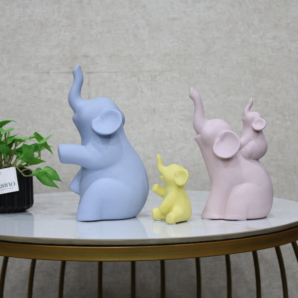 Colorful Elephant Family Figurine Set – Modern Pastel Showpieces for Home Decor | Set of 3 (Blue, Pink & Yellow)