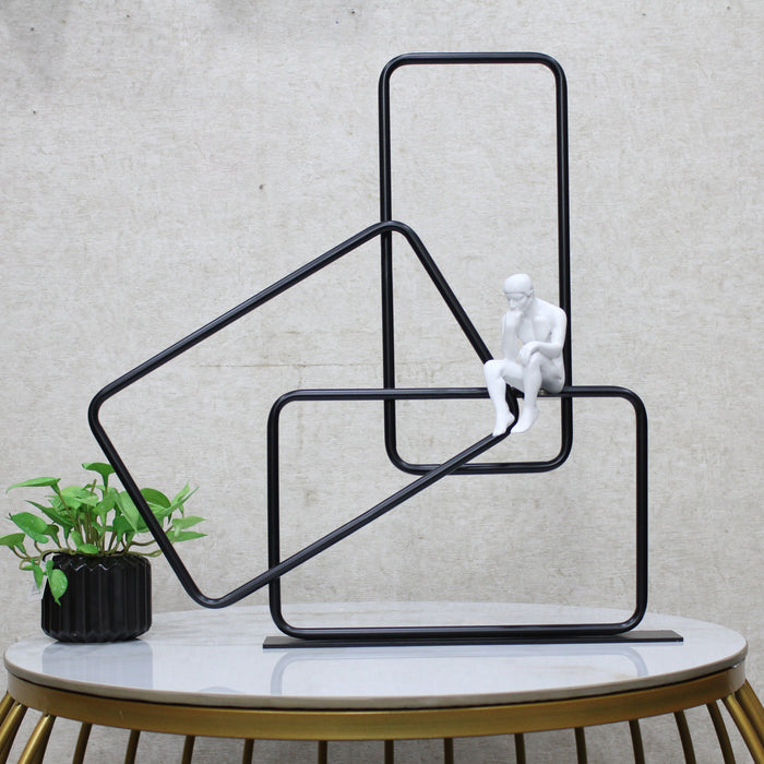 Modern Abstract Thinker Sculpture – Minimalist Metal Frame Art Piece with White Figurine | Contemporary Home & Office Decor 18.5 Inch (BSP-1211)