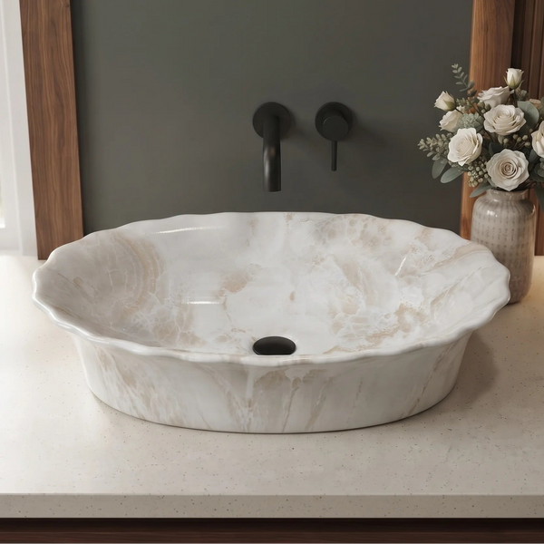 Ivory Beige Marble Finish Oval Table Top Wash Basin – 23 × 14.5 × 6 Inch | Luxury Scalloped Countertop Basin