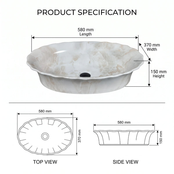 Ivory Beige Marble Finish Oval Table Top Wash Basin – 23 × 14.5 × 6 Inch | Luxury Scalloped Countertop Basin