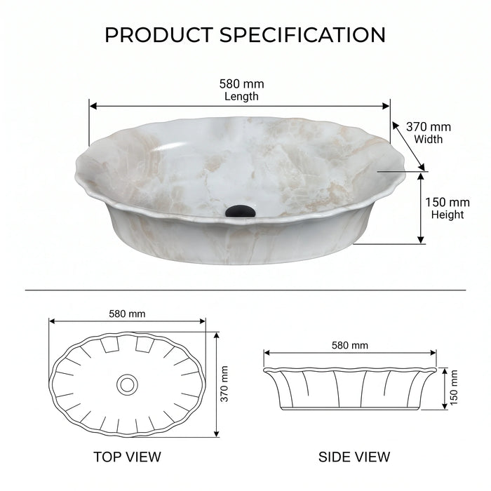 Ivory beige marble finish oval table top wash basin 580x370x150 mm featuring glossy white and beige marble pattern, elegant scalloped rim and spacious bowl for luxury bathroom countertops.