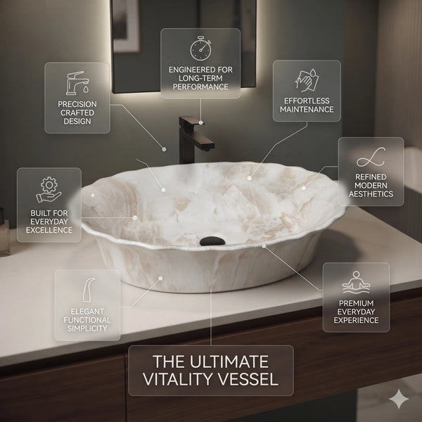 Ivory Beige Marble Finish Oval Table Top Wash Basin – 23 × 14.5 × 6 Inch | Luxury Scalloped Countertop Basin