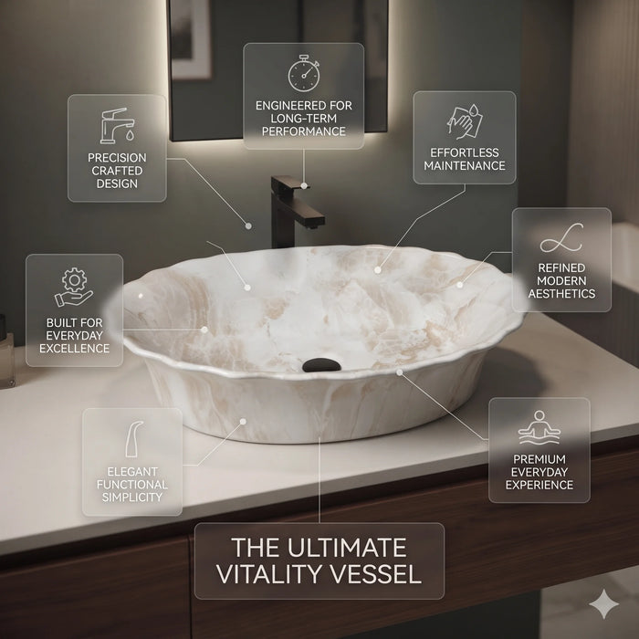 Ivory beige marble finish oval table top wash basin 580x370x150 mm featuring glossy white and beige marble pattern, elegant scalloped rim and spacious bowl for luxury bathroom countertops.