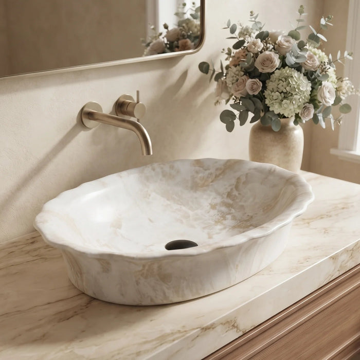 Ivory beige marble finish oval table top wash basin 580x370x150 mm featuring glossy white and beige marble pattern, elegant scalloped rim and spacious bowl for luxury bathroom countertops.