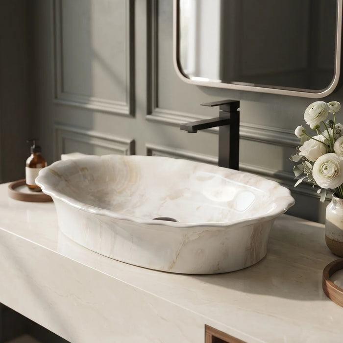 Ivory beige marble finish oval table top wash basin 580x370x150 mm featuring glossy white and beige marble pattern, elegant scalloped rim and spacious bowl for luxury bathroom countertops.
