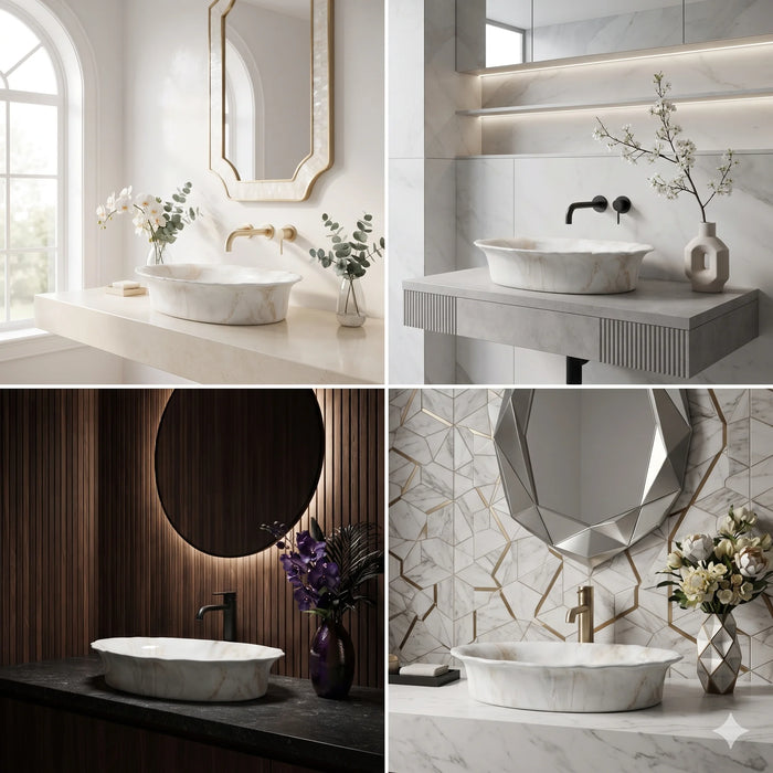 Ivory beige marble finish oval table top wash basin 580x370x150 mm featuring glossy white and beige marble pattern, elegant scalloped rim and spacious bowl for luxury bathroom countertops.