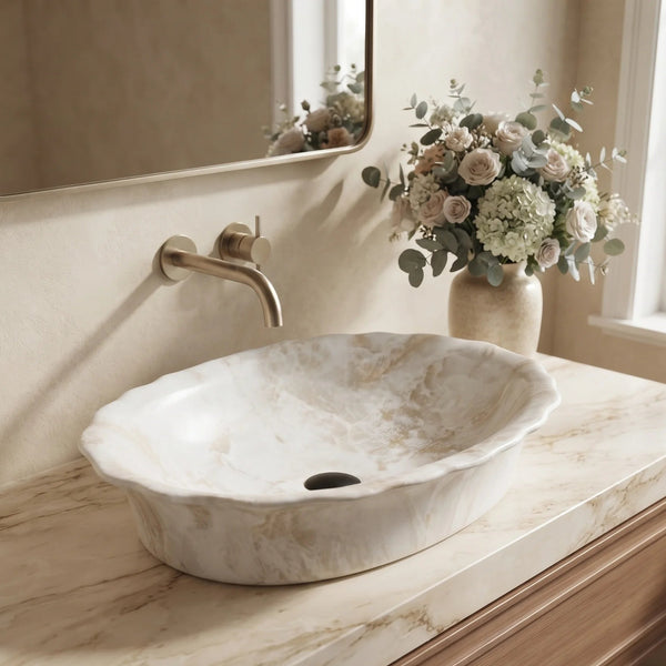 Ivory Beige Marble Finish Oval Table Top Wash Basin – 23 × 14.5 × 6 Inch | Luxury Scalloped Countertop Basin