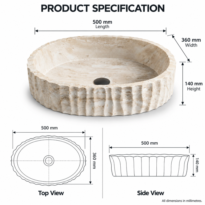 Ivory white marble finish oval table top wash basin with beige veining, vertical fluted exterior and 20 inch countertop design for modern luxury bathrooms.