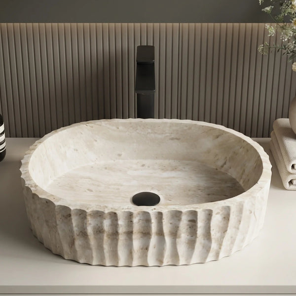 Ivory Marble Finish Fluted Oval Table Top Wash Basin – 20 × 14 × 5.5 Inch