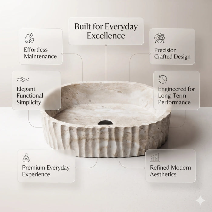 Ivory white marble finish oval table top wash basin with beige veining, vertical fluted exterior and 20 inch countertop design for modern luxury bathrooms.
