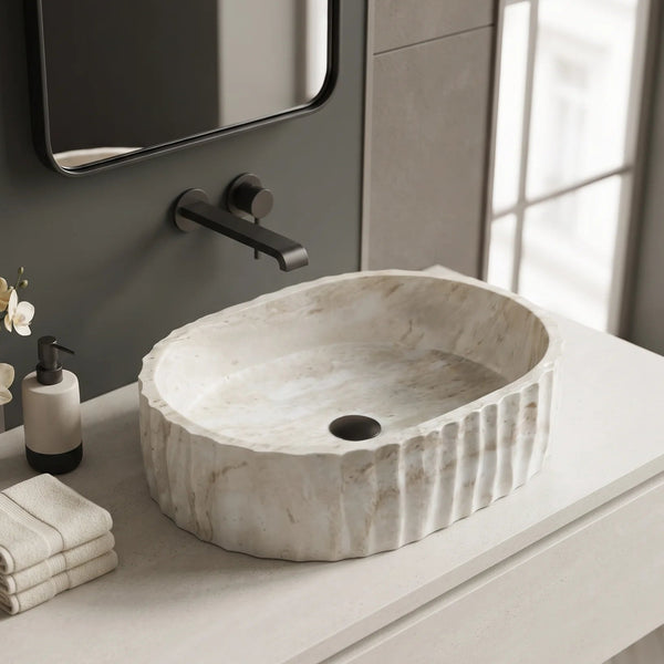 Ivory Marble Finish Fluted Oval Table Top Wash Basin – 20 × 14 × 5.5 Inch