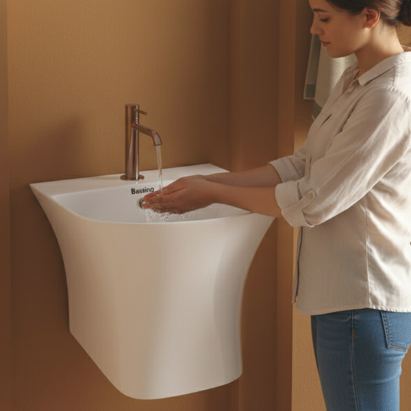 Bassino Kubica Wall Hung Wash Basin – Glossy Finish | Compact Integrated Designer Basin 345×370×270 mm