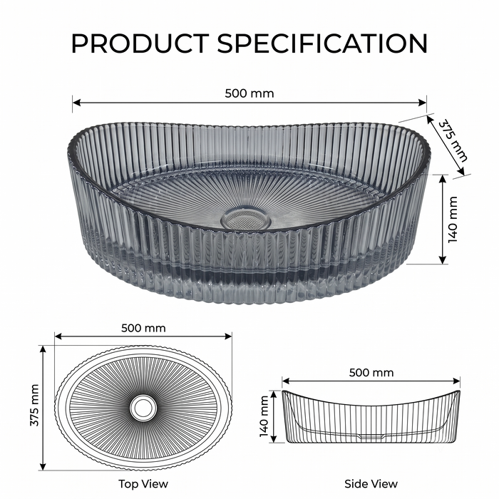 Luxury Blue Glass Table Top Wash Basin with Vertical Ribbed Design – Transparent Oval Designer Countertop Sink for Modern Bathrooms | 20x15x5.5 Inch