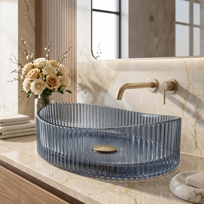 Luxury Blue Glass Table Top Wash Basin with Vertical Ribbed Design – Transparent Oval Designer Countertop Sink for Modern Bathrooms | 20x15x5.5 Inch