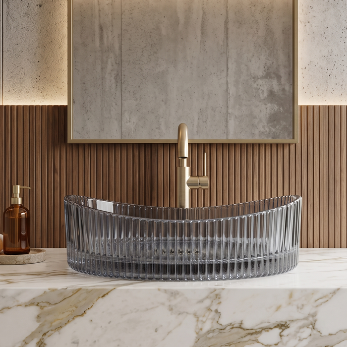 Luxury Blue Glass Table Top Wash Basin with Vertical Ribbed Design – Transparent Oval Designer Countertop Sink for Modern Bathrooms | 20x15x5.5 Inch