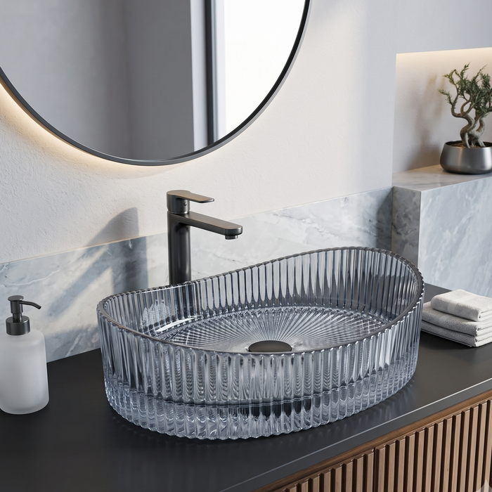 Luxury Blue Glass Table Top Wash Basin with Vertical Ribbed Design – Transparent Oval Designer Countertop Sink for Modern Bathrooms | 20x15x5.5 Inch