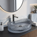 Luxury Blue Glass Table Top Wash Basin with Vertical Ribbed Design – Transparent Oval Designer Countertop Sink for Modern Bathrooms | 20x15x5.5 Inch