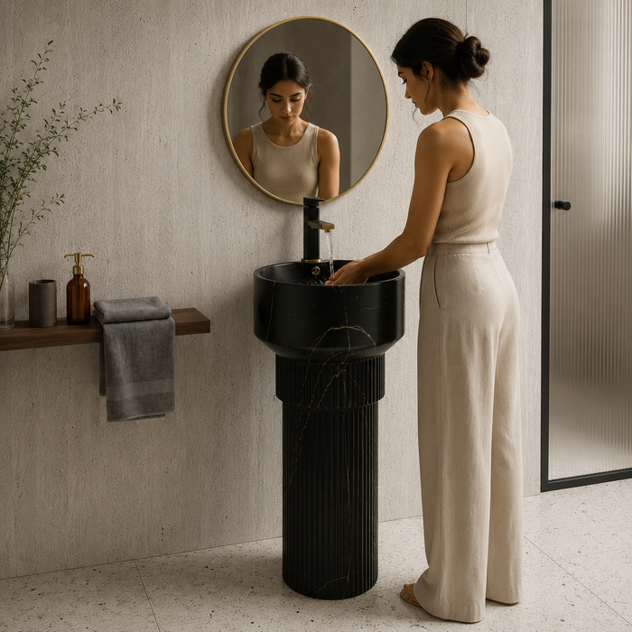 Luxury Floor Standing Black Marble Finish Wash Basin