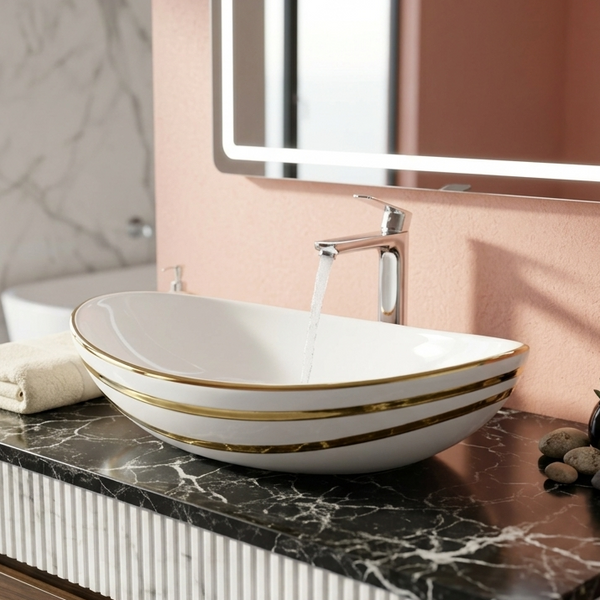 Luxury Gold Detailing Countertop Wash Basin | Designer Table Top Bathroom Basin (24" × 14" × 6" IN) White Gold stripes
