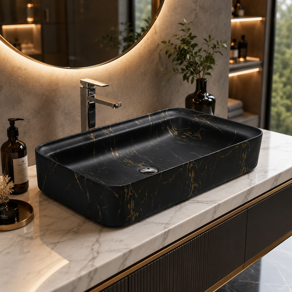 Luxury Matt Marble Countertop Wash Basin | Designer Rectangular Table Top Basin |  (30" × 16" × 6" IN) Black