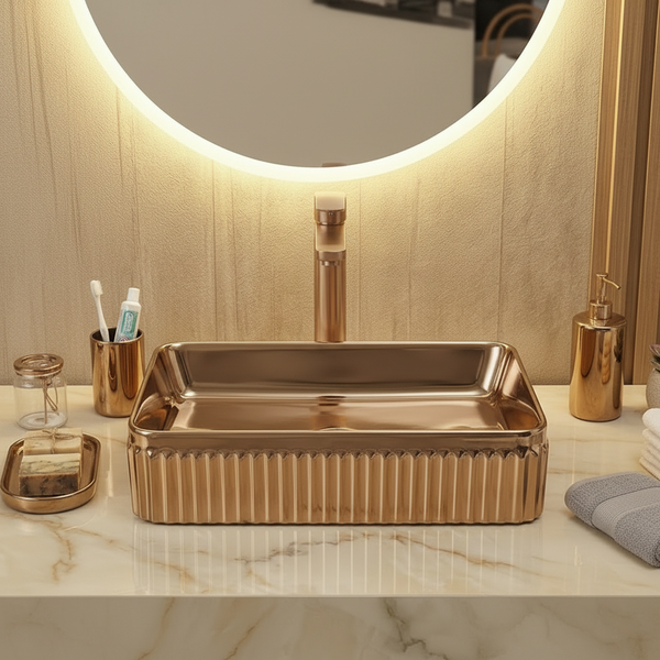Luxury Rose Gold Countertop Wash Basin | Designer Rectangular Table Top Basin | (19" × 13" × 4" In)