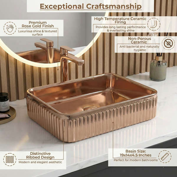 Luxury Rose Gold Countertop Wash Basin | Designer Rectangular Table Top Basin | (19" × 13" × 4" In)