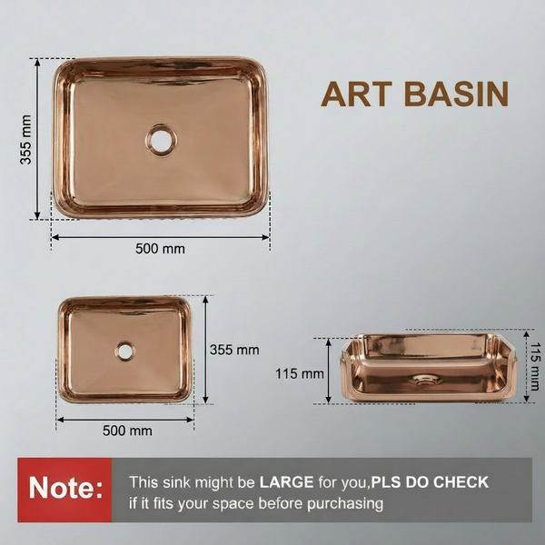 Luxury Rose Gold Countertop Wash Basin | Designer Rectangular Table Top Basin | (19" × 13" × 4" In)