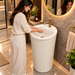 Luxury Round Artificial Stone Freestanding Pedestal Wash Basin – White Matte Finish with Ribbed Design | 17x17x34 Inch Modern Floor Standing Bathroom Sink