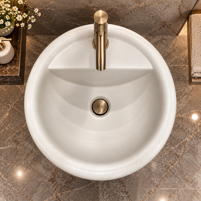 Luxury Round Artificial Stone Freestanding Pedestal Wash Basin – White Matte Finish with Ribbed Design | 17x17x34 Inch Modern Floor Standing Bathroom Sink