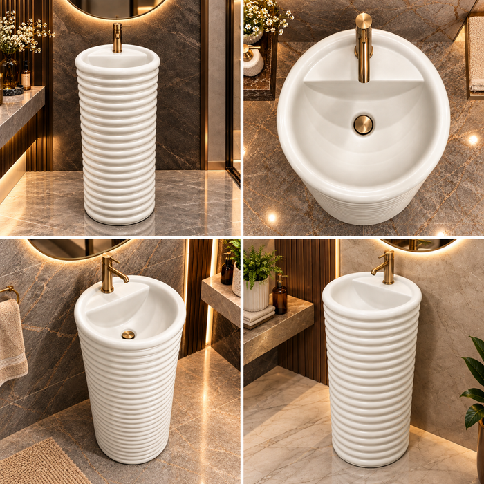 Luxury Round Artificial Stone Freestanding Pedestal Wash Basin – White Matte Finish with Ribbed Design | 17x17x34 Inch Modern Floor Standing Bathroom Sink