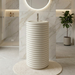 Luxury Round Artificial Stone Freestanding Pedestal Wash Basin – White Matte Finish with Ribbed Design | 17x17x34 Inch Modern Floor Standing Bathroom Sink