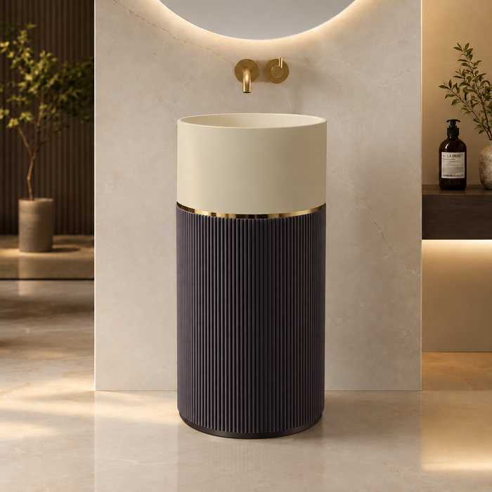 Luxury freestanding pedestal wash basin in 18x18x34 inch size, featuring a round matte beige basin, dark brown vertically fluted pedestal base, and elegant gold accents, showcased in a modern premium bathroom interior with multiple angles, top view, dimensions, and lifestyle details.