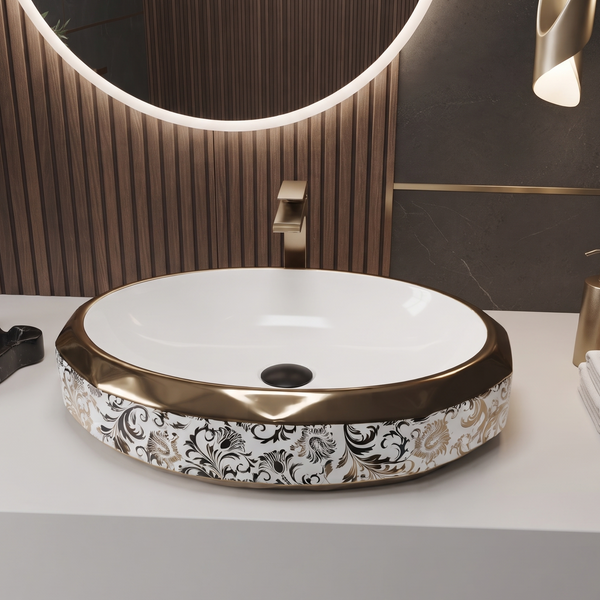 Luxury Rose Gold & White Floral Oval Ceramic Table Top Wash Basin – 24 ×16 ×5 Inch