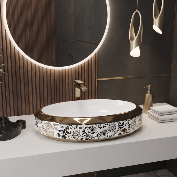 Luxury Rose Gold & White Floral Oval Ceramic Table Top Wash Basin – 24 ×16 ×5 Inch
