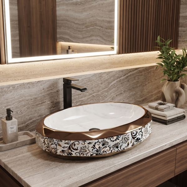 Luxury Rose Gold & White Floral Oval Ceramic Table Top Wash Basin – 24 ×16 ×5 Inch