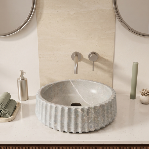 Luxury Grey Marble Finish Round Table Top Wash Basin – Fluted Design | 16 × 16 × 5.4 Inch