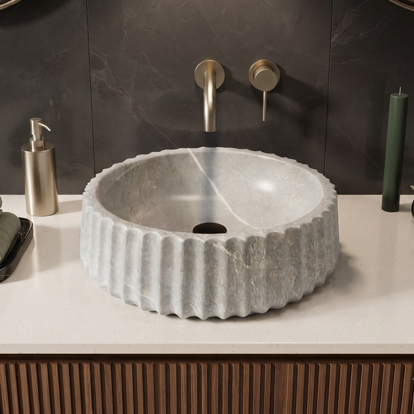 Luxury Grey Marble Finish Round Table Top Wash Basin – Fluted Design | 16 × 16 × 5.4 Inch